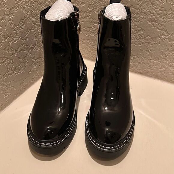 River Island Women's 37 Chelsea Ankle Boot Black Shiny Classic Pull On Elevated - Picture 1 of 12